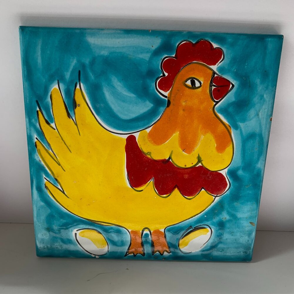 GIANFRANCO FERRE PANARIA HAND PAINTED CERAMIC TILE FEATURING A ROOSTER ITALY
